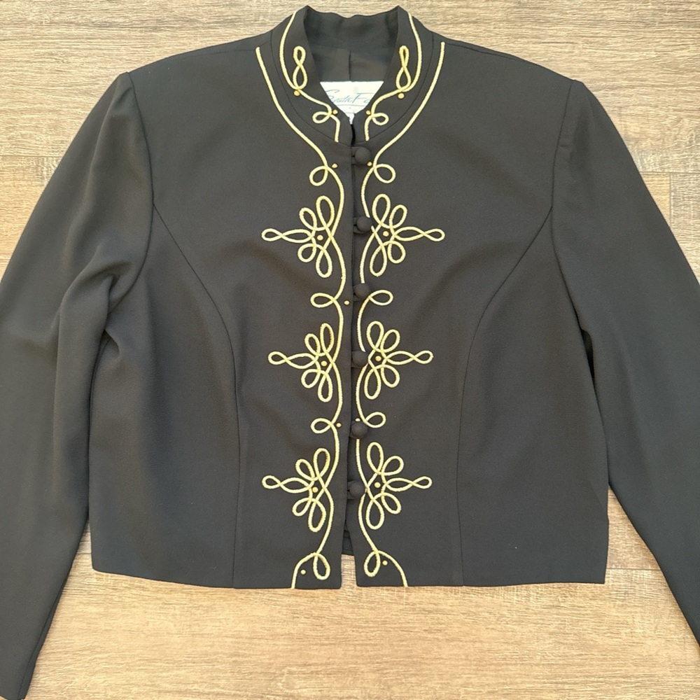 Black Embroidered Military-Style Blazer with Gold Trim